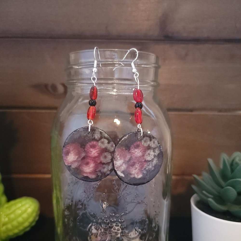 Handmade Floral Red and Black Wood and Bead Earrings.